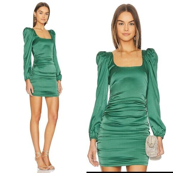 More to Come NEW Green Blaire Long Sleeve Satin Party Mini Dress Size XXS